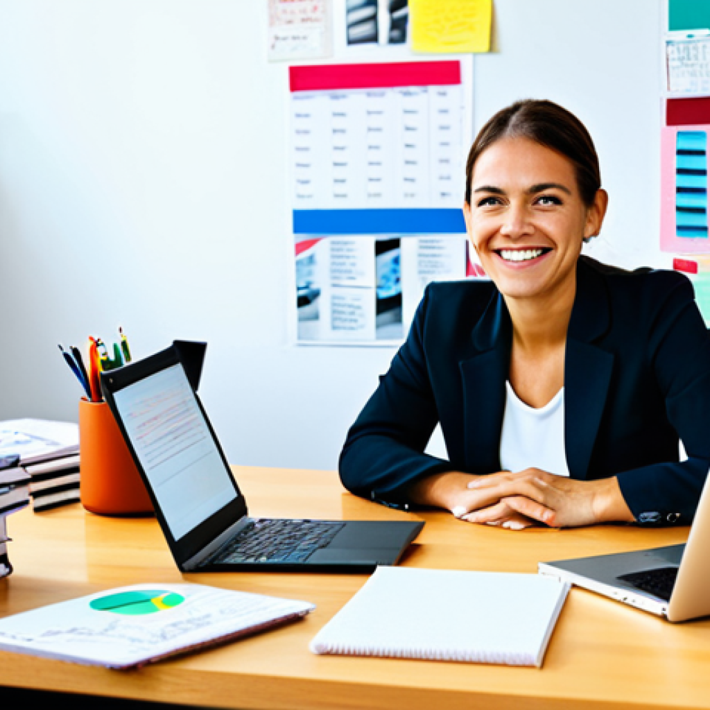 Career Transition Planning**

"A professional looking woman, fully clothed in business casual attire, sitting at a bright desk covered in notebooks and a laptop. She is smiling thoughtfully, surrounded by vision boards and motivational quotes. Modern office environment, natural lighting. Safe for work, appropriate content, family-friendly, perfect anatomy, correct proportions, well-formed hands, professional photography, high quality."

**