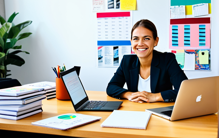 Career Transition Planning**

"A professional looking woman, fully clothed in business casual attire, sitting at a bright desk covered in notebooks and a laptop. She is smiling thoughtfully, surrounded by vision boards and motivational quotes. Modern office environment, natural lighting. Safe for work, appropriate content, family-friendly, perfect anatomy, correct proportions, well-formed hands, professional photography, high quality."

**