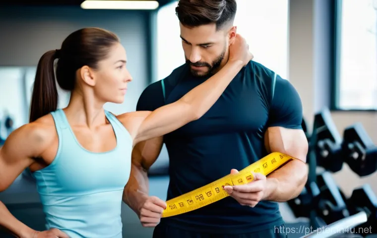 퍼스널트레이너 체형 분석 기술 - **Prompt:** A focused, fit woman in her late 20s, wearing modest, form-fitting athletic leggings and...