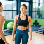 Home 19 퍼스널트레이너 피트니스 트렌드 파악법 - **Prompt 1: Community Fitness and Trainer Interaction**
"A vibrant, modern fitness studio in an ...