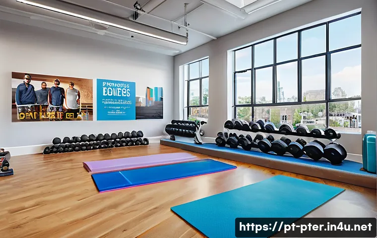 퍼스널트레이너 이직 후 주의사항 - A bright, modern fitness studio interior filled with diverse clients engaged in various workout acti...