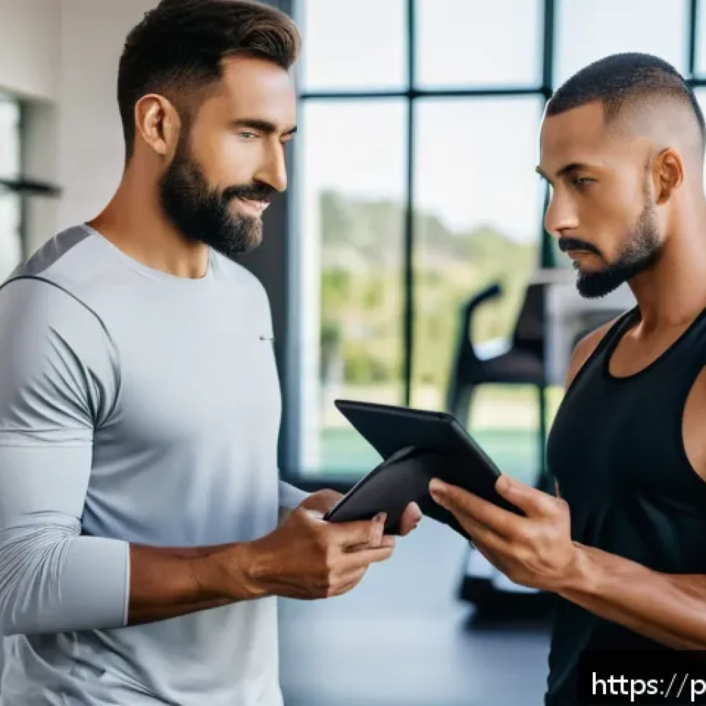 퍼스널트레이너 현업에서 유용한 앱 추천 - A modern personal trainer using a sleek tablet app to monitor a diverse group of adult clients exerc...