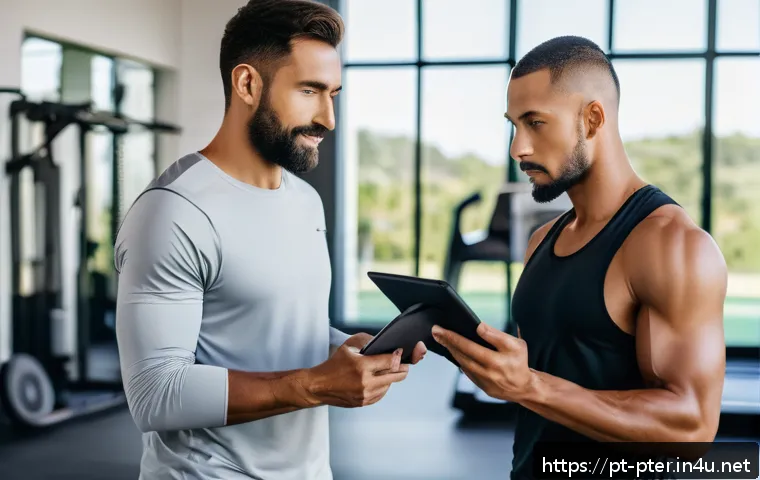 퍼스널트레이너 현업에서 유용한 앱 추천 - A modern personal trainer using a sleek tablet app to monitor a diverse group of adult clients exerc...