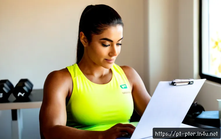 Home 17 퍼스널트레이너 자기소개서 작성 팁 - Photorealistic Brazilian personal trainer in clean athletic clothing seated at a bright home office ...